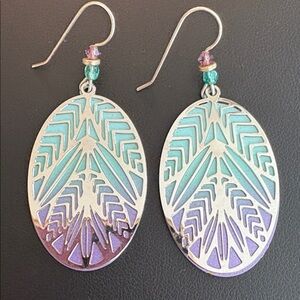 Adajio Earrings Green Purple Large Oval ombre silver toned Geometric Overlay